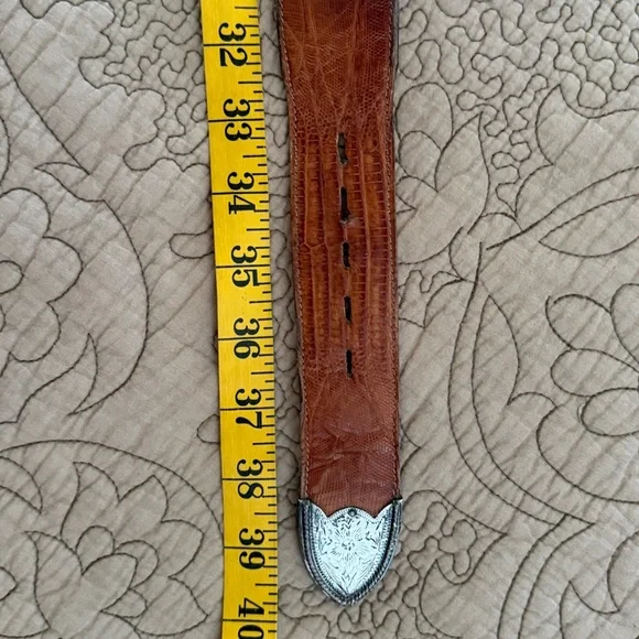 VTG Tony Lama Brown Leather & Lizard Western Belt with Silver Tip, Size 36 - Picture 12 of 13